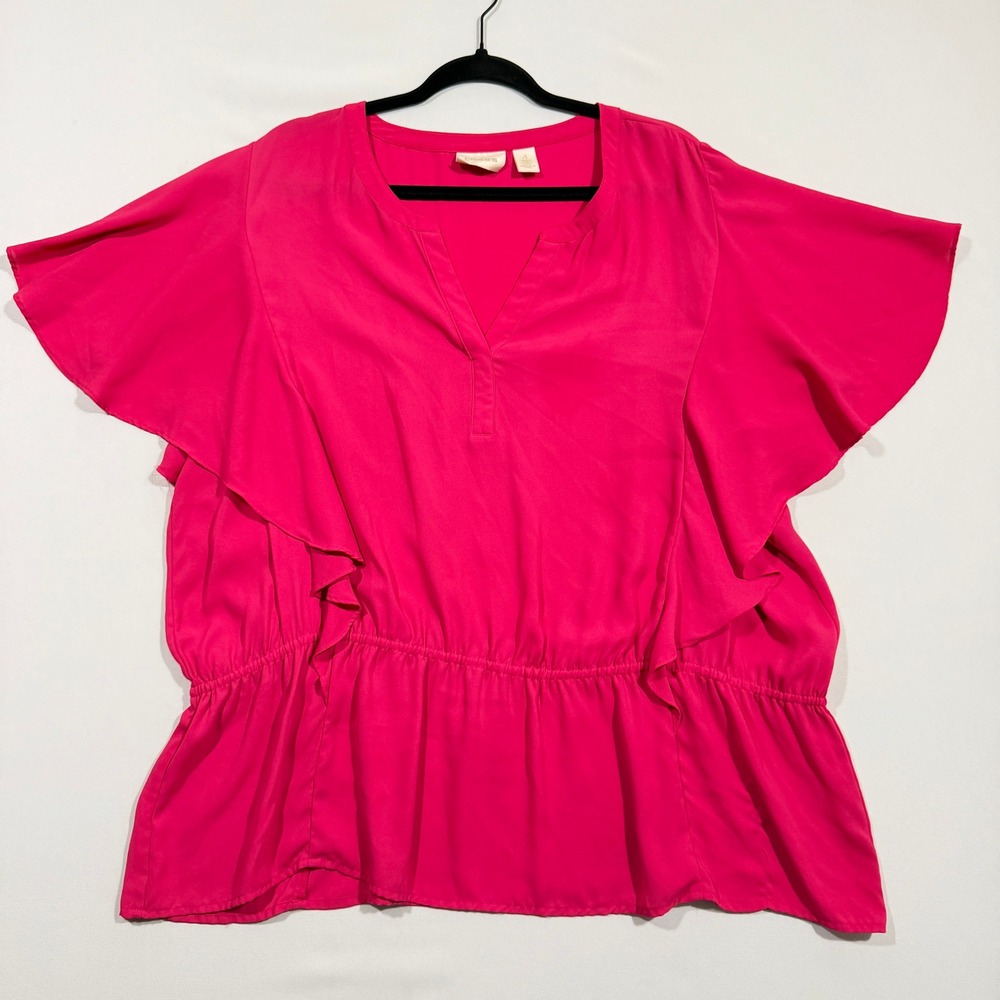 Chico's Ruffle Blouse Women's 4 XXL/20 Pink Peplum Flutter Sleeve Split Neck